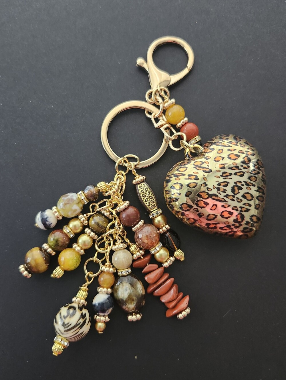 31.  Leopard Heart Purse Charm or Keychain Agate Coral Stone Glass Handcrafted